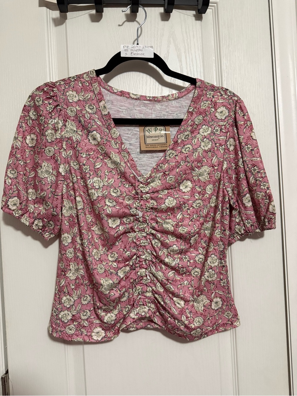 Women’s Pink Floral Ruched V-Neck Top - Picture 2 of 5